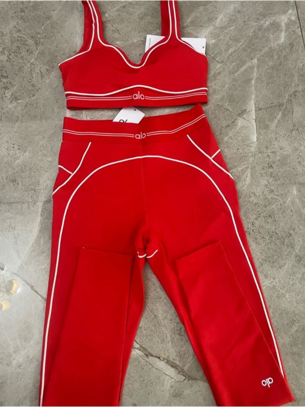 ALO Yoga Red Sports Bra and High-Waist Leggings Set with White Trim